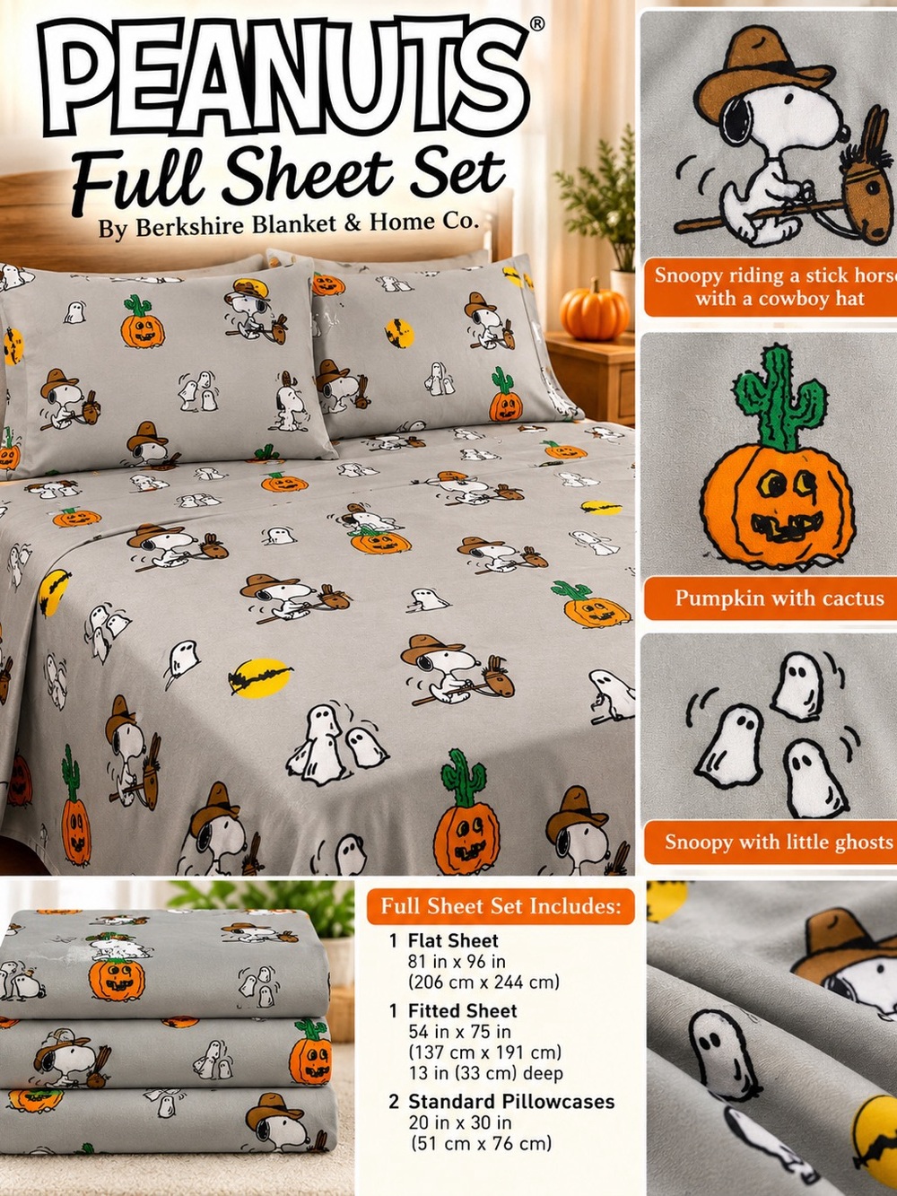 Berkshire Blanket & Home Co. Peanuts Halloween Snoopy Cowboy Full Sheet Set.